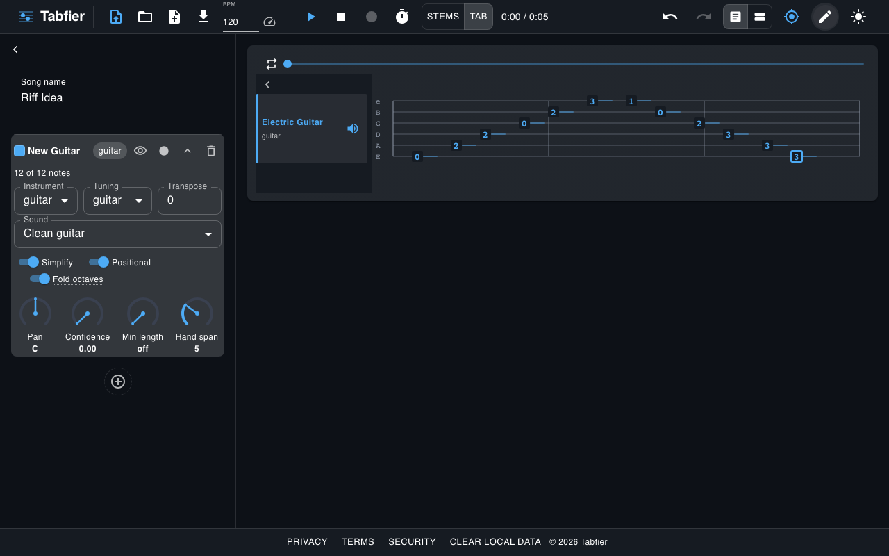 Tabfier's tab editor on desktop, showing a transcribed guitar riff