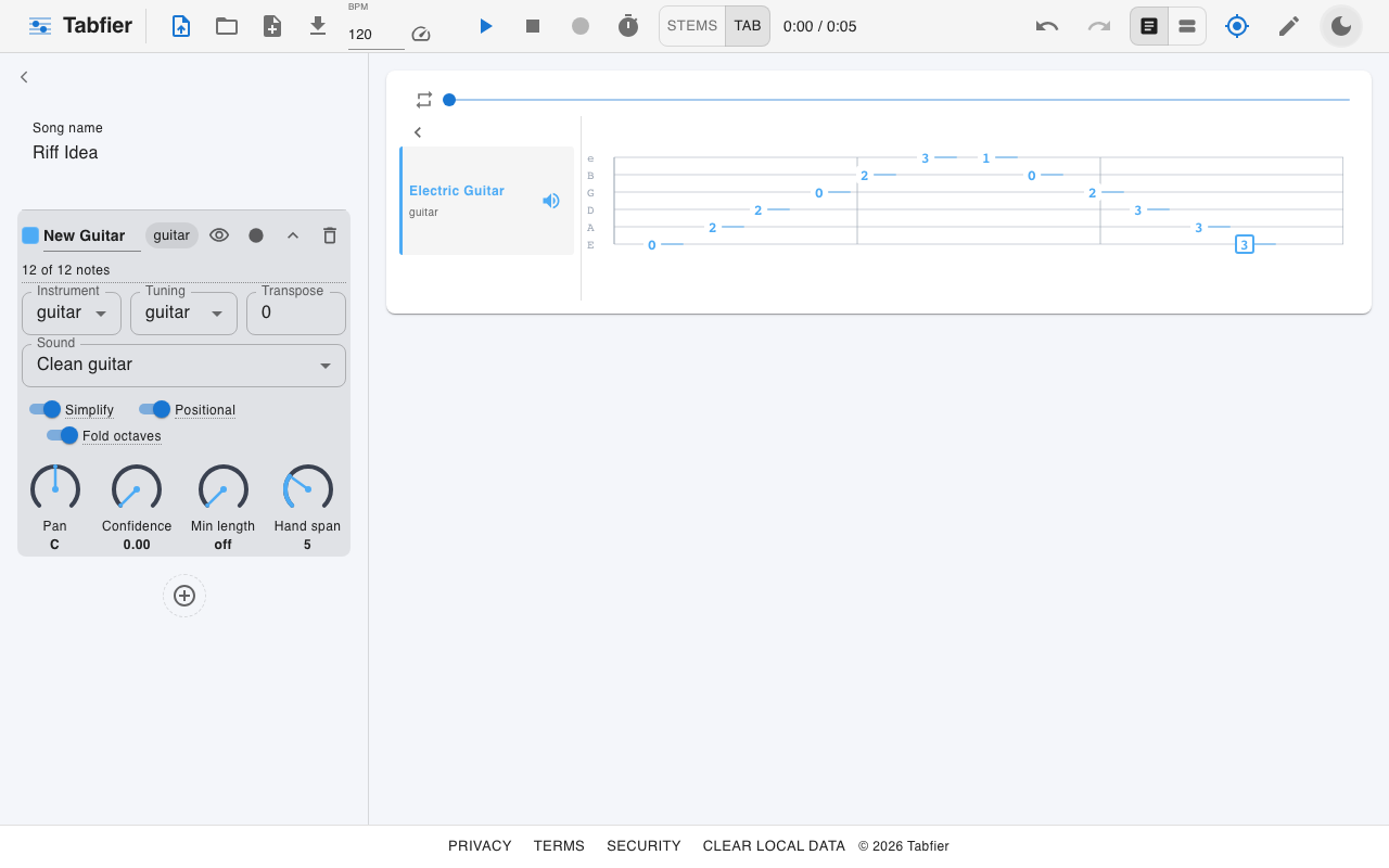Tabfier's tab editor on desktop, showing a transcribed guitar riff