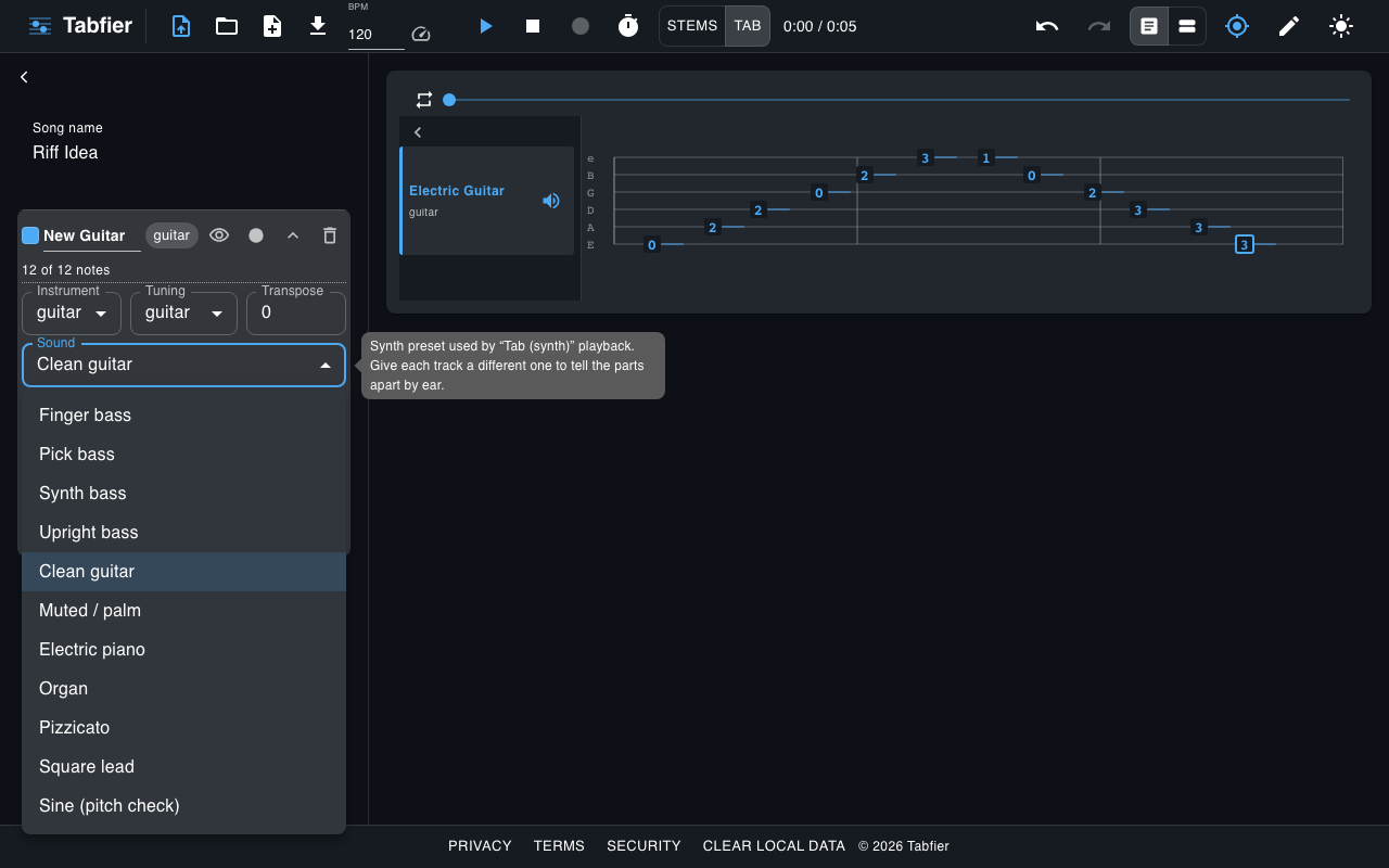 The sound picker open on a Tabfier track, listing bass, guitar, keys, and synth presets used for playback
