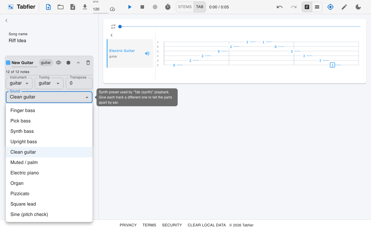 The sound picker open on a Tabfier track, listing bass, guitar, keys, and synth presets used for playback