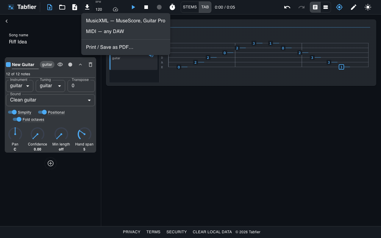 The export menu open, offering MusicXML, MIDI, or print/save as PDF