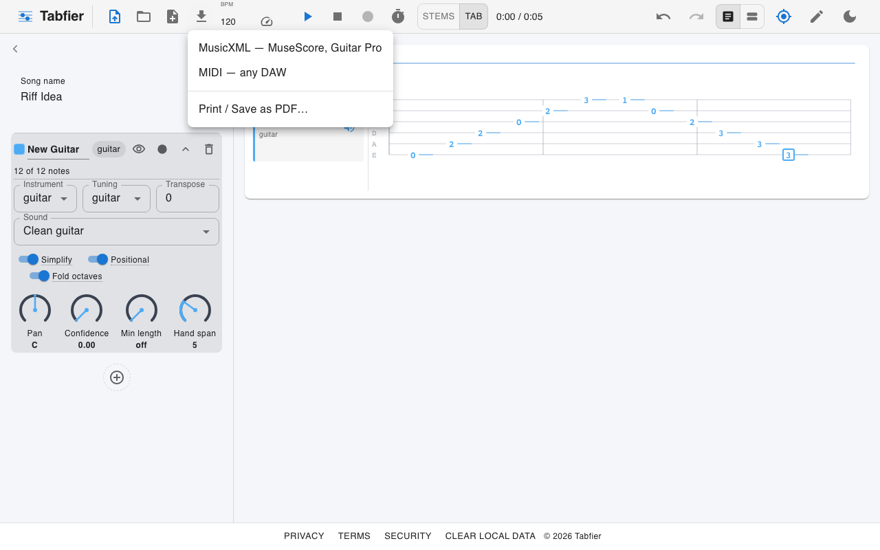 The export menu open, offering MusicXML, MIDI, or print/save as PDF